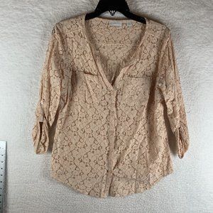 New York & Company Shirt Women's M Lace Cotton Roll Tab Sleeve Button Front 8025